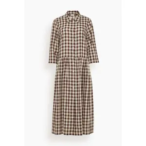 Check Linen Cotton Shirt Dress in Dark Chocolate