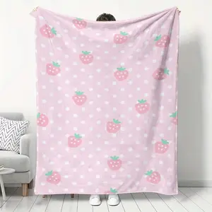 Pink Strawberry Print Flannel Blanket  Soft Funny Throw Blanket Cozy Lightweight Plush Portable Cover Blanket For Sofa,Warm Gift For Birthday,Christmas,Multiple Blanket