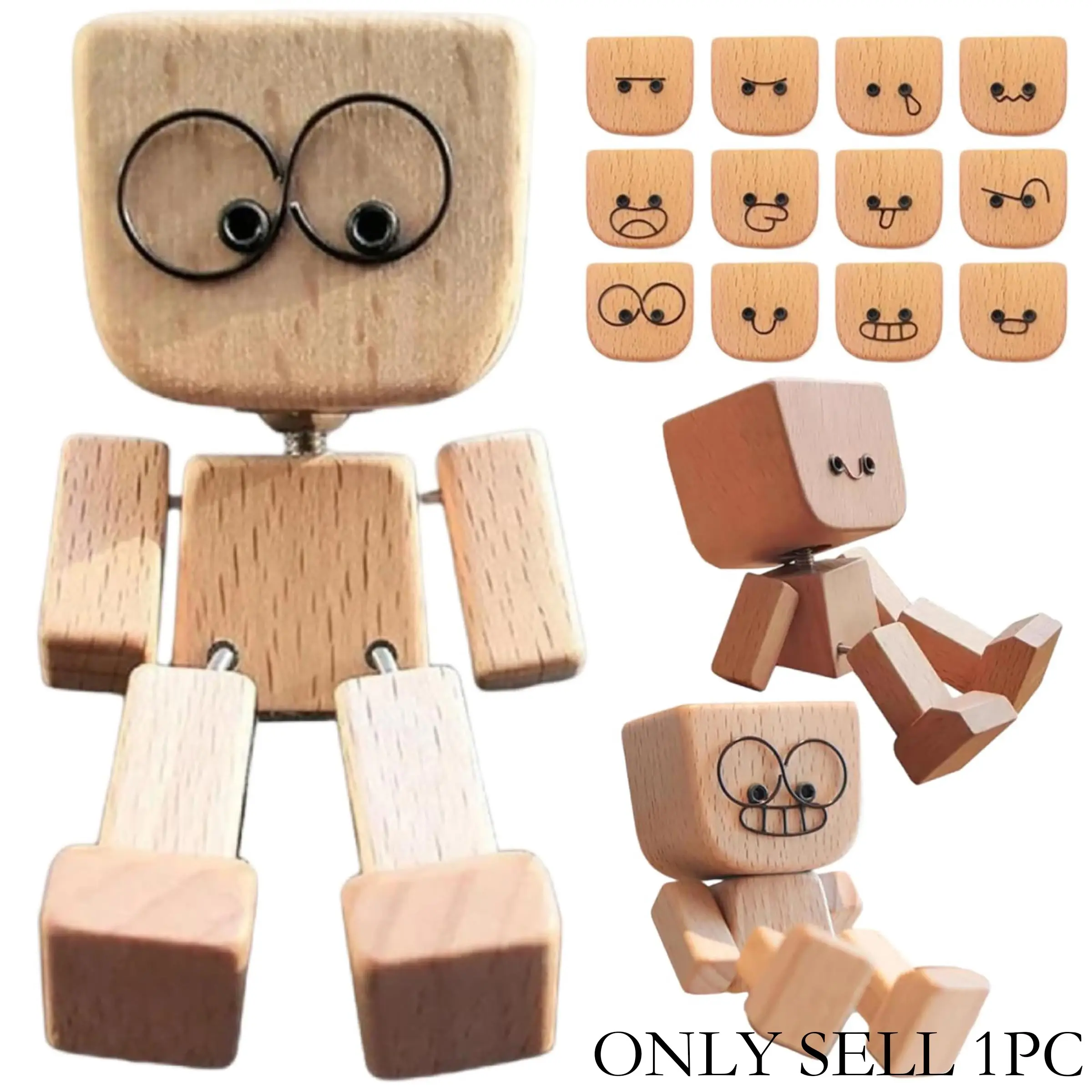 Shaking Wooden Man, Shaking Wooden Man Figurine for Car Dashboard, Handmade Shak Feet Woodens Doll, Funny Cars Ornaments Wood Desktop Decor, Car Dashboard Accessories with 12PCS Magnetic Expressions, Car Trinkets, Car Decorations