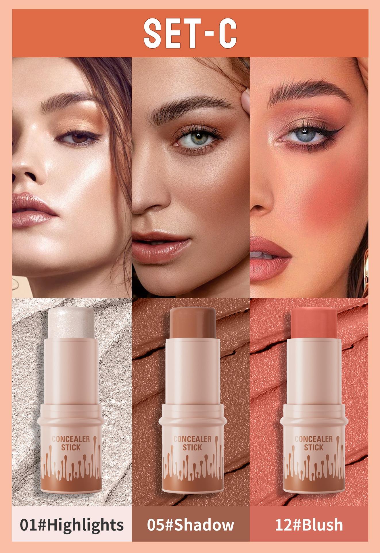 3 Pack Makeup Stick Set – Highlighter, Contour & Blush Trio, Long-Lasting Waterproof Concealer Pen Kit for Natural Face Sculpting & Glow