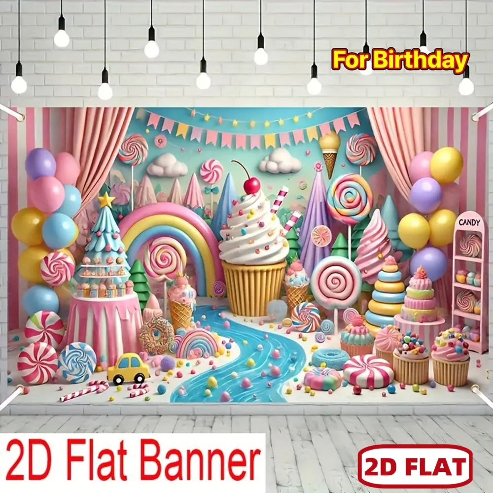 1pc Durable Soft Polyester 2D Flat Banner - Cute Glam Indoor Candy-Theme Birthday Party Decor with Giant Cupcake, Ice Cream, Lollipops, Rainbow for Vibrant Celebrations