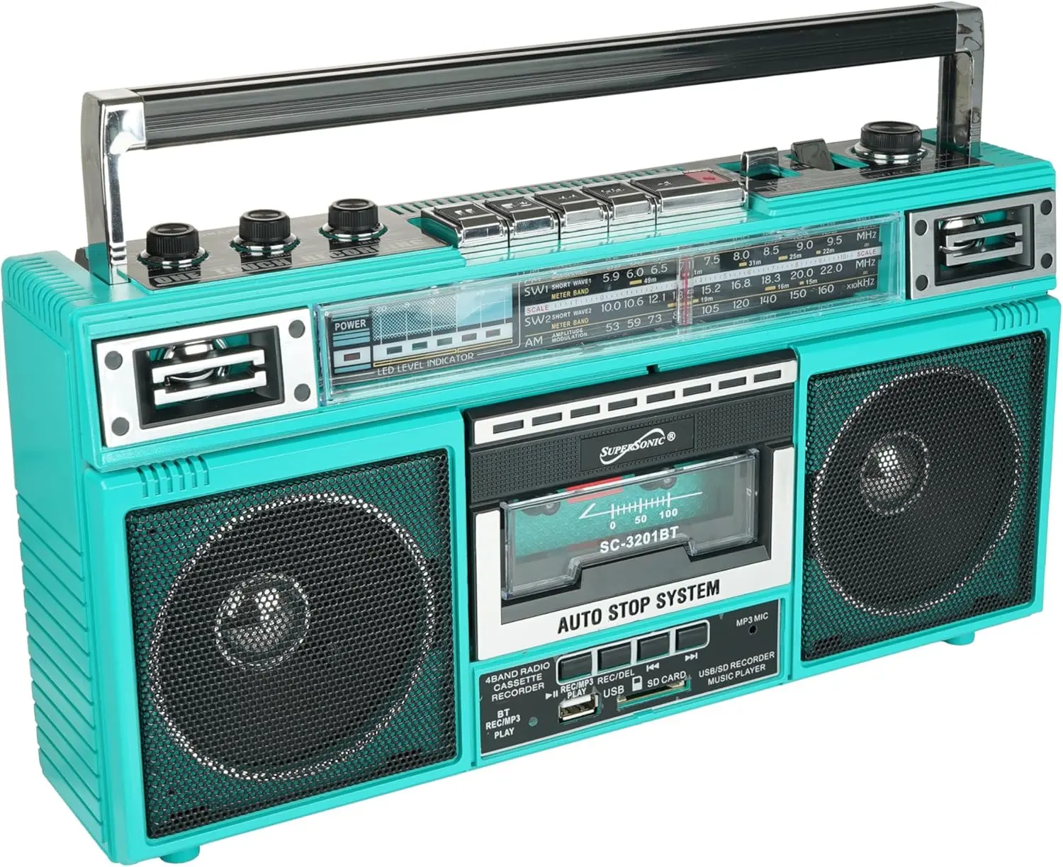 Supersonic SC-3201BT Retro Stereo Boombox Audio System - Bluetooth Speaker, Cassette Player, AM/FM/SW Radio, USB SD Playback, 3.5 mm Jack, Batteries Not Included, Compact Boombox Fits Shelves And Cars, Vintage, Card