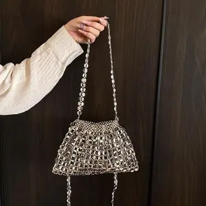Women's Handmade Woven Beaded Chain Underarm Handbag, Vintage Shiny Bucket Bag, Shoulder Crossbody Bag, Perfect for Vacation, Travel, Commute & Shopping
