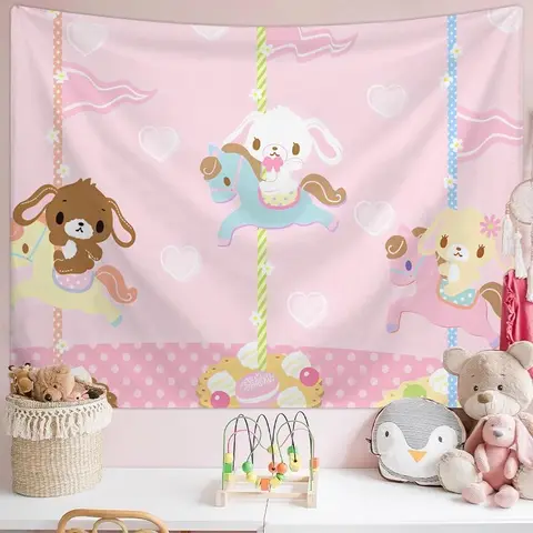 Classic Cartoon Carousel & Cute Animal Pattern Tapestry - Cutecore Stuff Home Decor Item, Room Inspo Decoration for Living Room & Dormitory, Wall Hanging Mural Aesthetic Decor