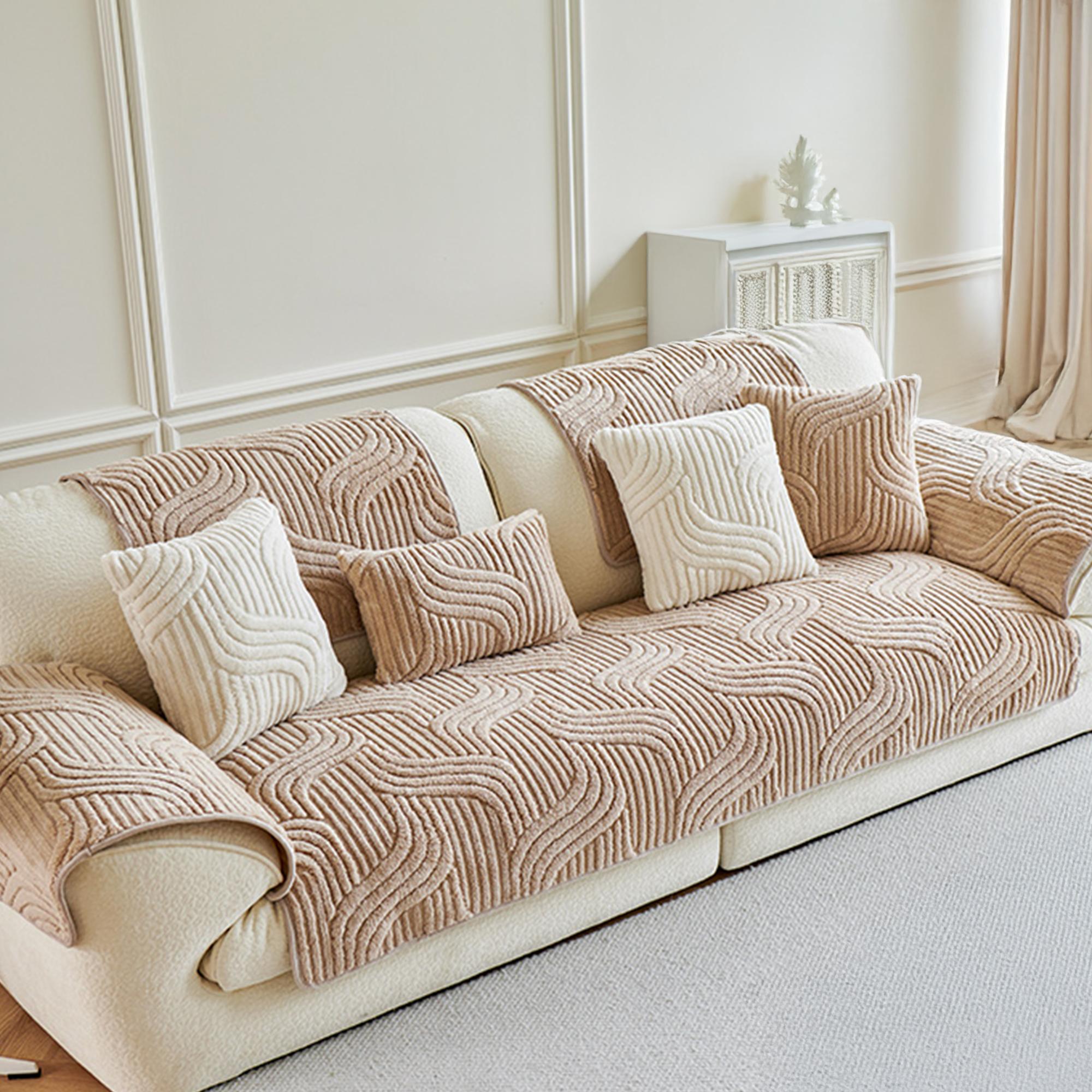 [Gift Choice] 1 Count Sofa Cover for 1-4 Seater NO BACK OR ARMREST Solid Color Jacquard Sofa Protector, Anti-slip Couch Bench Cover, Machine Washable Slipcover, Pet-friendly sofa Towel Mat for Home, Living Room, Dormitory, Hotel, Beige, Gray