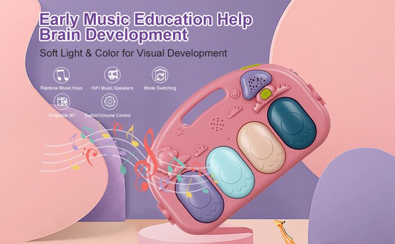 dearlomum Baby Play Mat Blue Giraffe Design with 5 Sensory Toys Music Lights for Newborns 0-36 Months Multifunctional Rubber Playmat Playpen Gift for Boys & Girls