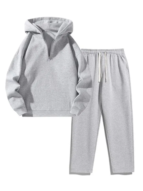 Men's Knit 2-Piece Clothing Set - Long Sleeve Half-Zip Hoodie, Loose Elastic Waist Drawstring Sweats, Minimalist Plain Outfits for Casual Sports, Fitted
