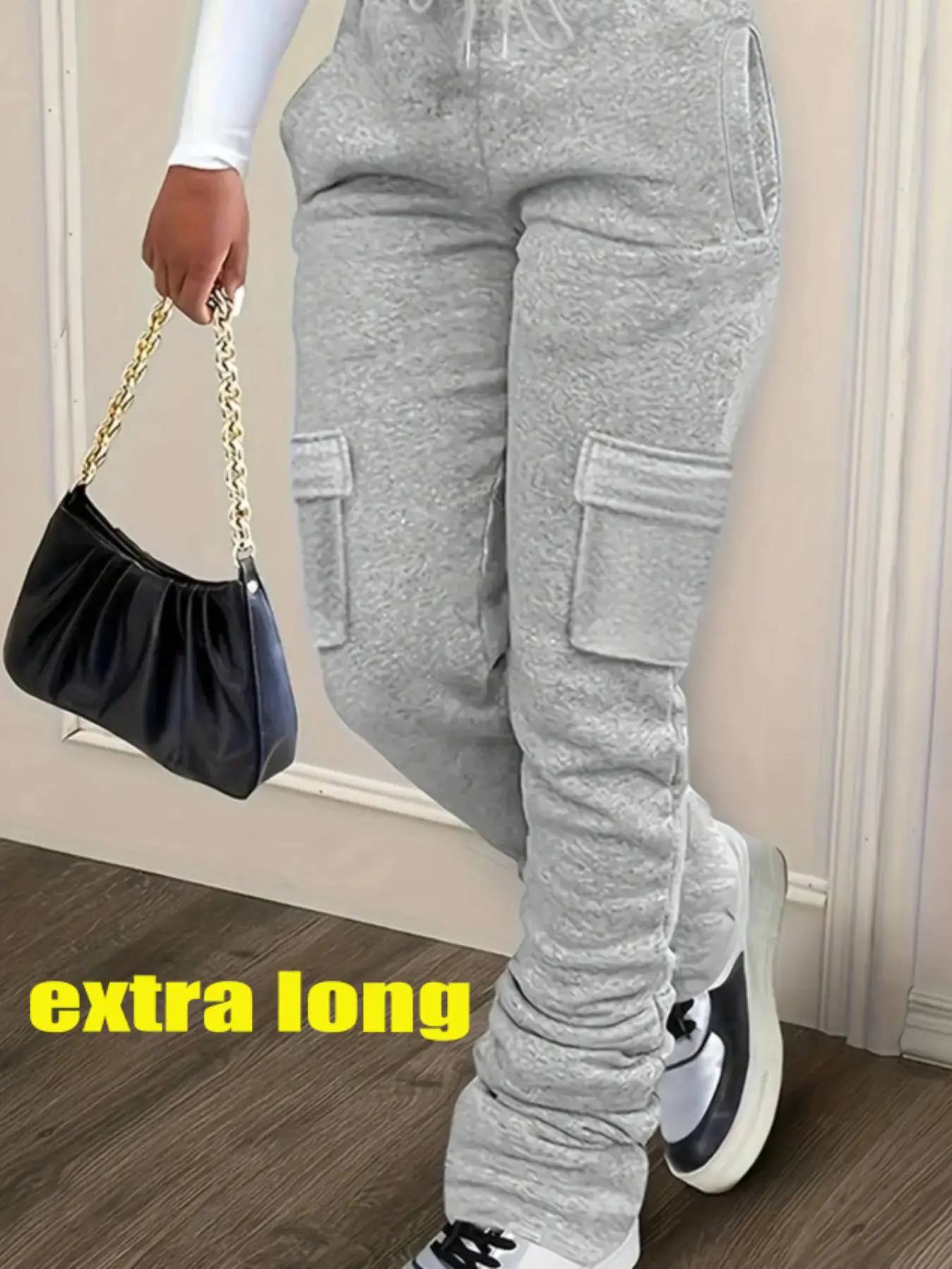 Women's Solid Basic Drawstring Elastic Waist Extra-long Sweatpants, Casual Elastic Waisted, Casual Comfortable Fit Flap Pocket Sweat Pants for Fall, Casual Lounge Pant, Cargo Sweats for Women Lady, Casual Comfy Pocket