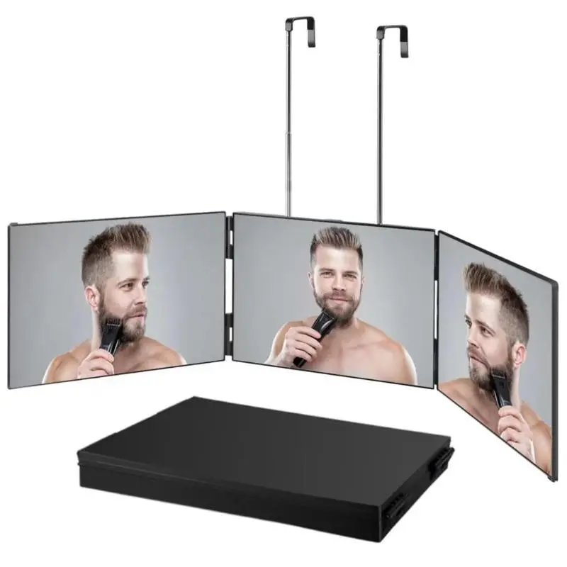 1-Piece Foldable Hanging Vanity Makeup Mirror, Retractable and Adjustable Three-Sided Hairdressing Mirror, Unisex Height-Adjustable Mirror, Trifold Barber Mirror