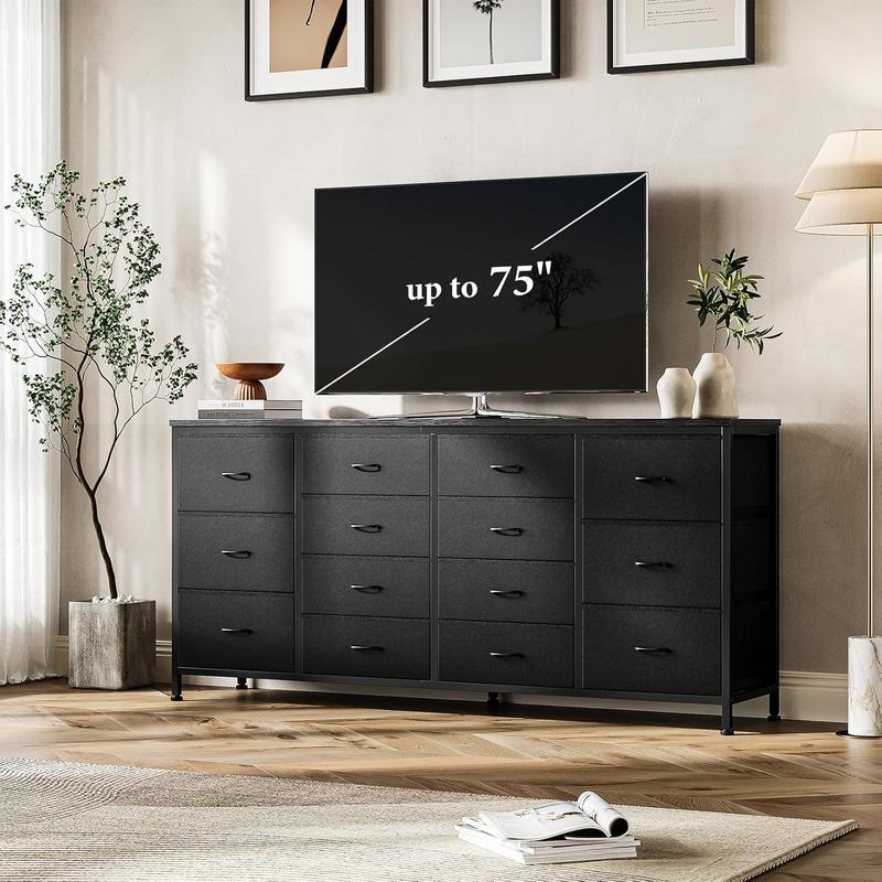 14 Drawer Dresser, 63 in Black Fabric Dresser TV Stand with Power Outlet for 65 70 75 in TV, Long Entertainment Center for Bedroom, Closet, Living Room, Entryway
