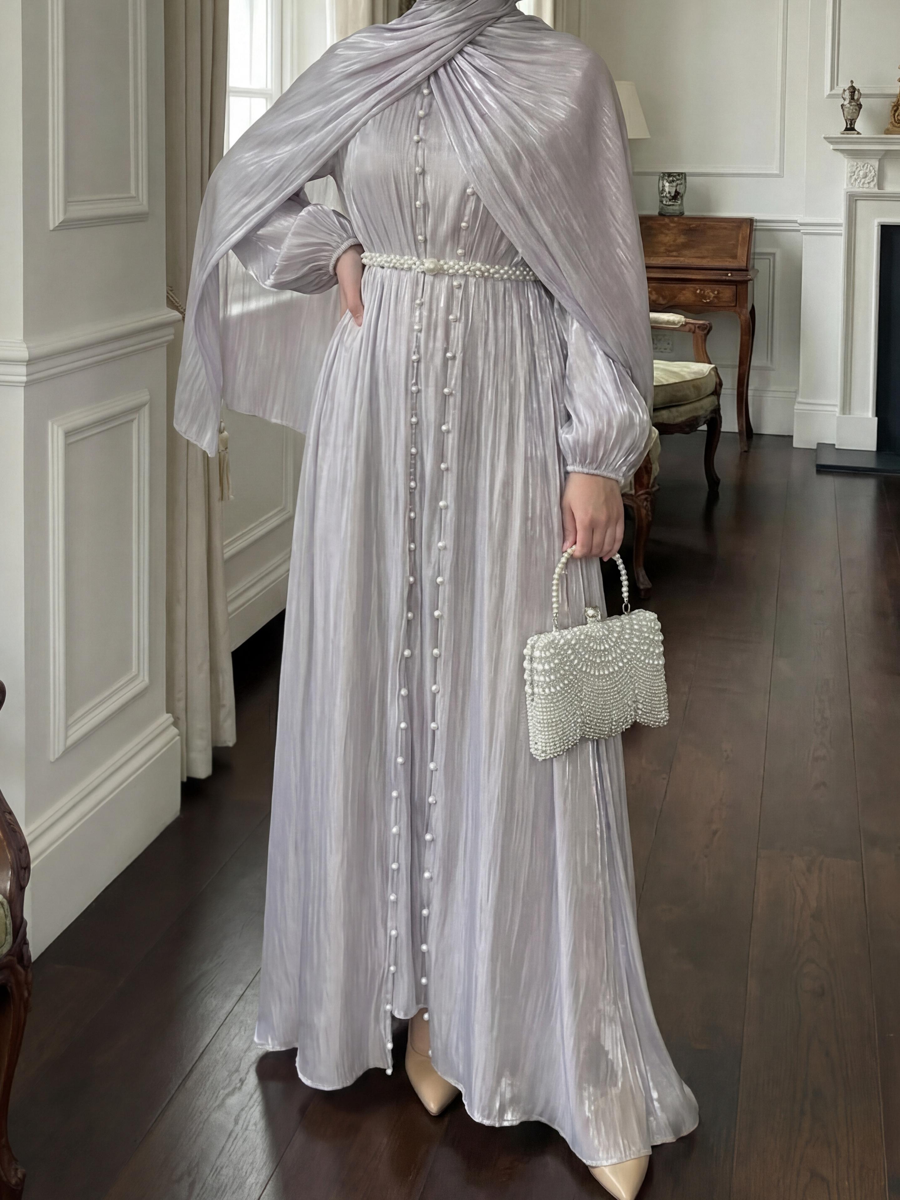 CL03 Pearl silk robe, Muslim dress, cardigan suit, streamer yarn, dignified and elegant exquisite robe, five piece set,Fashionweek【Fashionweek】 Maxidresses Thobe