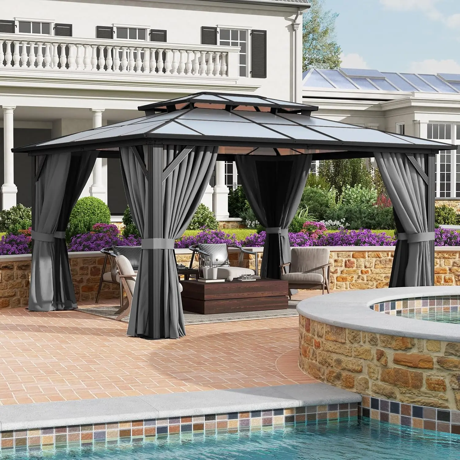 Gazebo Metal Brown Hardtop Outdoor Backyard Patio Double for, Double Galvanized Steel Roof,Breathable Netting, Privacy Curtain, Decor Hooks,Patio Decor Privacy Solution,campingessentials,outdoorfurnitureset,campinggear,home decor,camping essentials