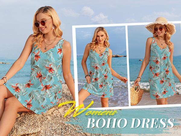 Women's Casual Sundress with Pockets Spring Summer Boho Beach Dress Floral T-Shirts Dress V Neck Loose Tank Dresses Flowy Swing A-Line Mini Dress Machine Washable Elegant Womenswear Thin Slightly translucent Sizes run small