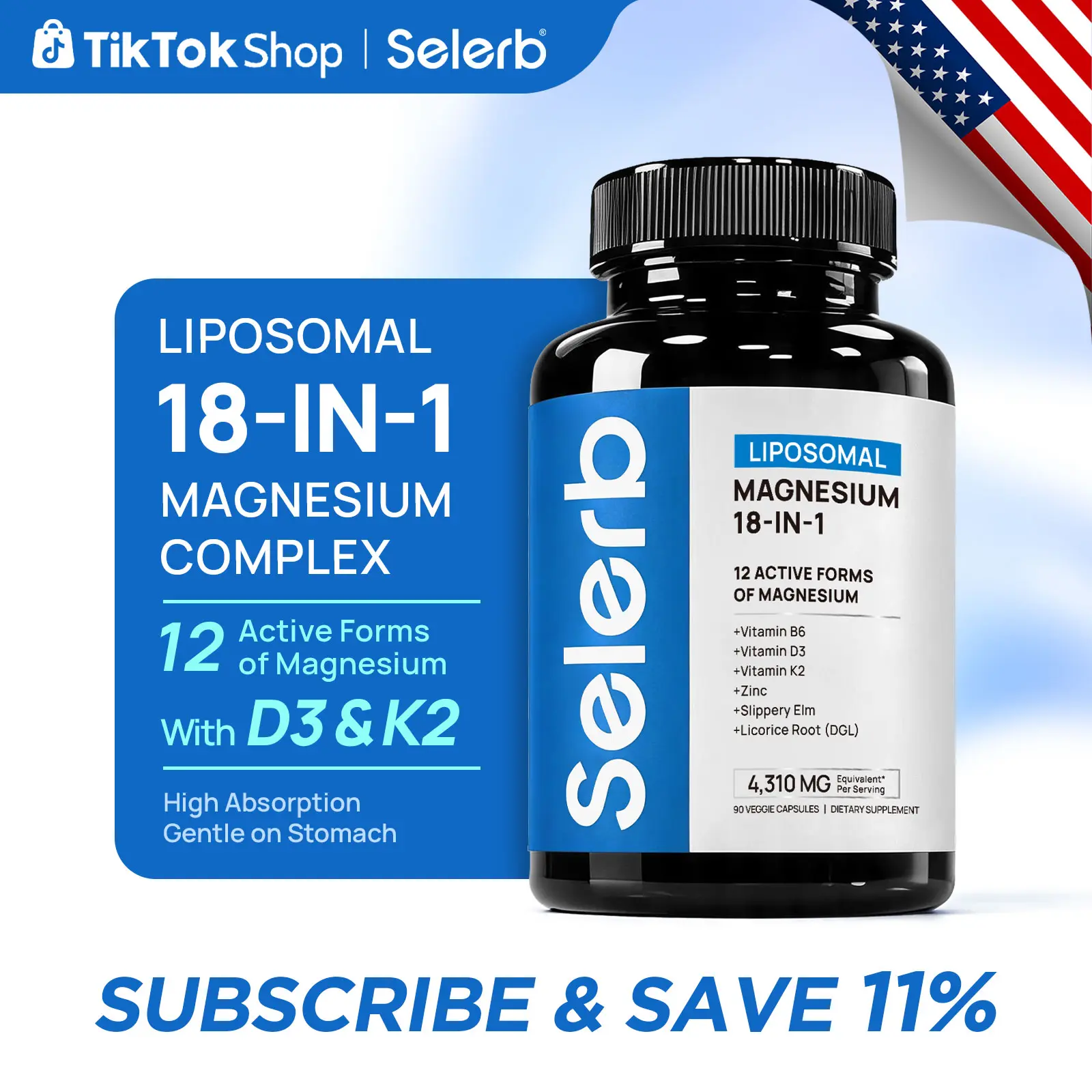 Selerb 18-IN-1 Magnesium Complex – 12 Active Forms of Magnesium with Vitamin B6, D3, K2, Zinc & Slippery Elm – Supports Sleep, Relaxation, Muscle Recovery & Overall Health – 90 Veggie Capsules