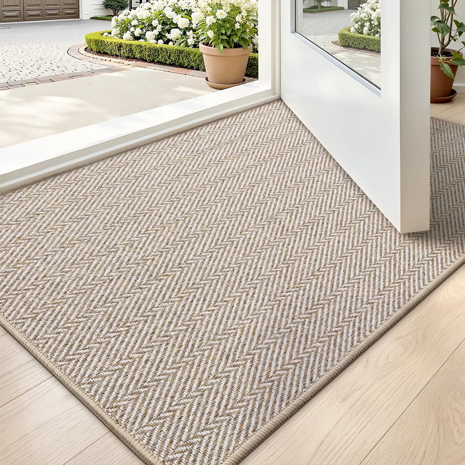 LUMI Ultra Thin Indoor Door Mat for Entrance 24"x36", Non Slip Entryway Mat, Low Profile Doormat, Unique Herringbone Design Carpet for Inside, Patio, Porch, Beige