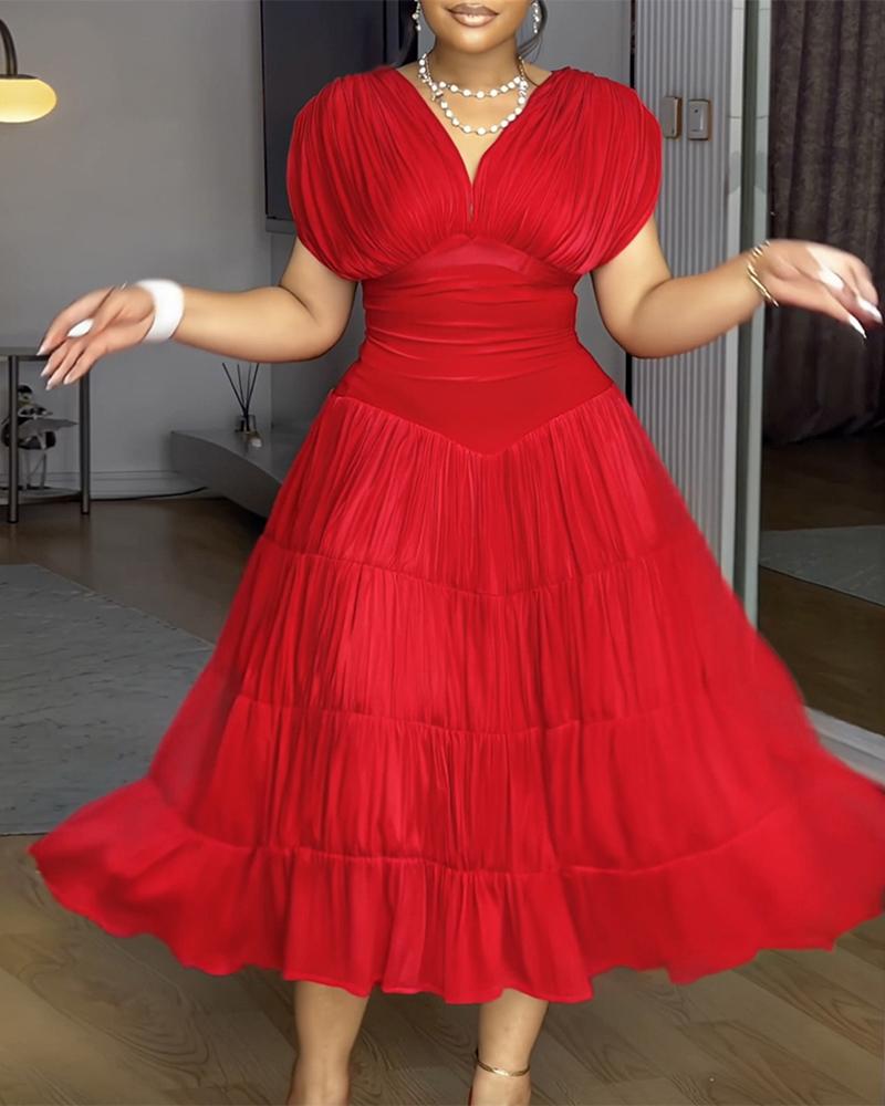 ChicMe Textured V Neck Sleeveless Valentine's Day Ruched Ruffles Hem Dress Casual Waist A Line Party Midi Dress for Wedding & Wedding Guest