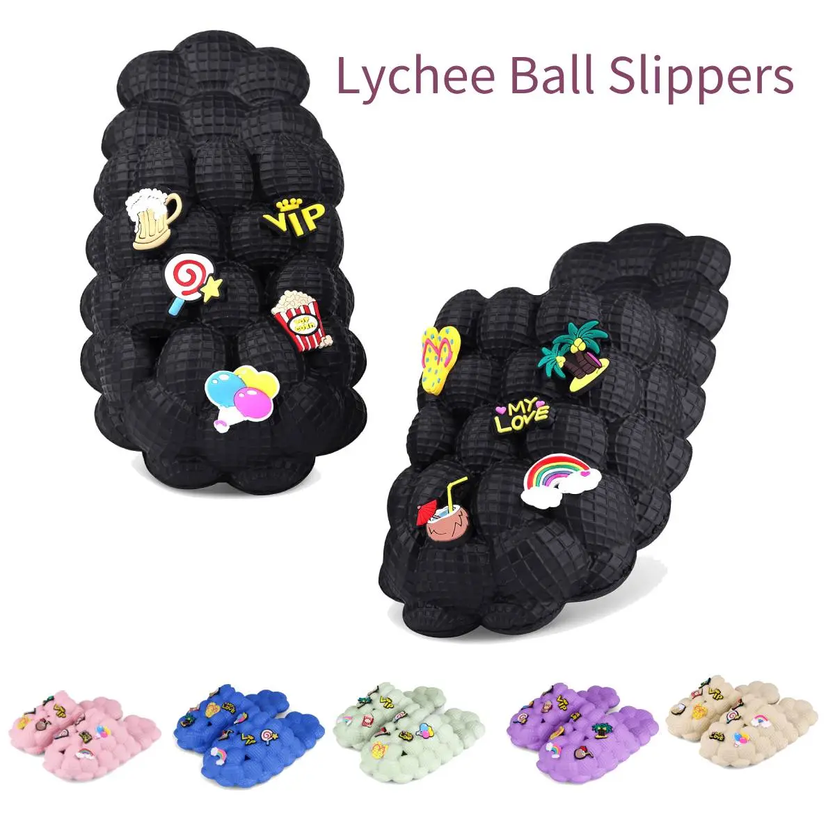SANPON Women's Lychee Bubble Slide Slippers - Adult Size Slip On DIY Massage Footwear with Charms, Flexible Thick Non-Slip Ethylene Vinyl Acetate (EVA) Sole, Waterproof Quick-Dry Round Toe, Cartoon Preppy Sweet Casual Slippers for Indoor-Outdoor Use