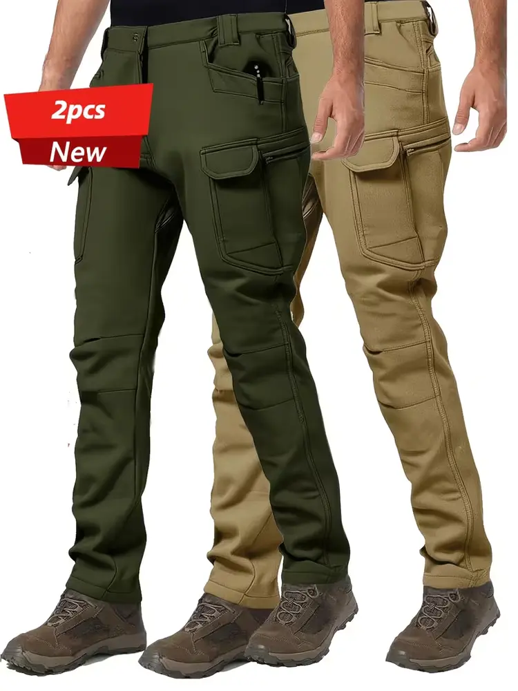 2-pack men’s fleece tactical pants – windproof, warm outdoor casual long pants with a multi-pocket design; winter cargo pants suitable for hiking, climbing, and cold-weather activities (belt not included); hiking gear
