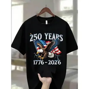100% Cotton Ultra Soft & Cozy Men'S Crew Neck T-Shirt with Eagle Graphic | 250 Years 1776 - 2026 American Flag Design, Ideal for Thanksgiving, Christmas, Summer, and Everyday Wear, Casual Comfortable Tee for Men