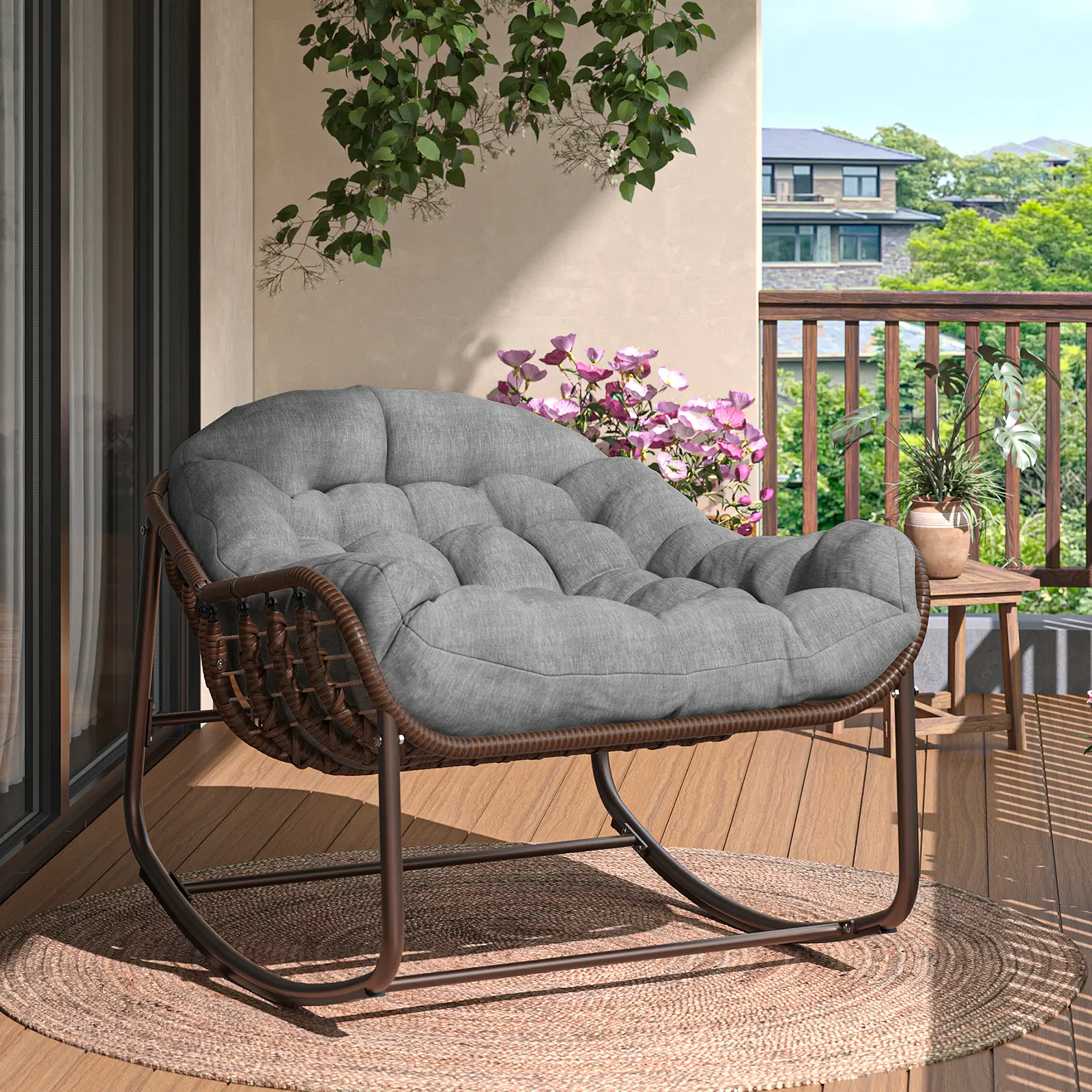 Oversized Rocking Papasan Egg Chair Outdoor Wicker Rattan Lounge with Water-Resistant Thick Cushion Strong Metal Frame for Balcony Backyard Porch Living Room Supports 450 lbs Grey Brown