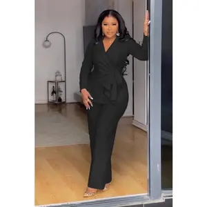 two-piece set woman Elegant Workwear Two Piece Set for Woman Clothing Business Lace-up Blazer Top and Wide Leg Pants Suit Office Lady Matching Sets Black Light Womenswear Check Trouser Gamis Comfort Basic