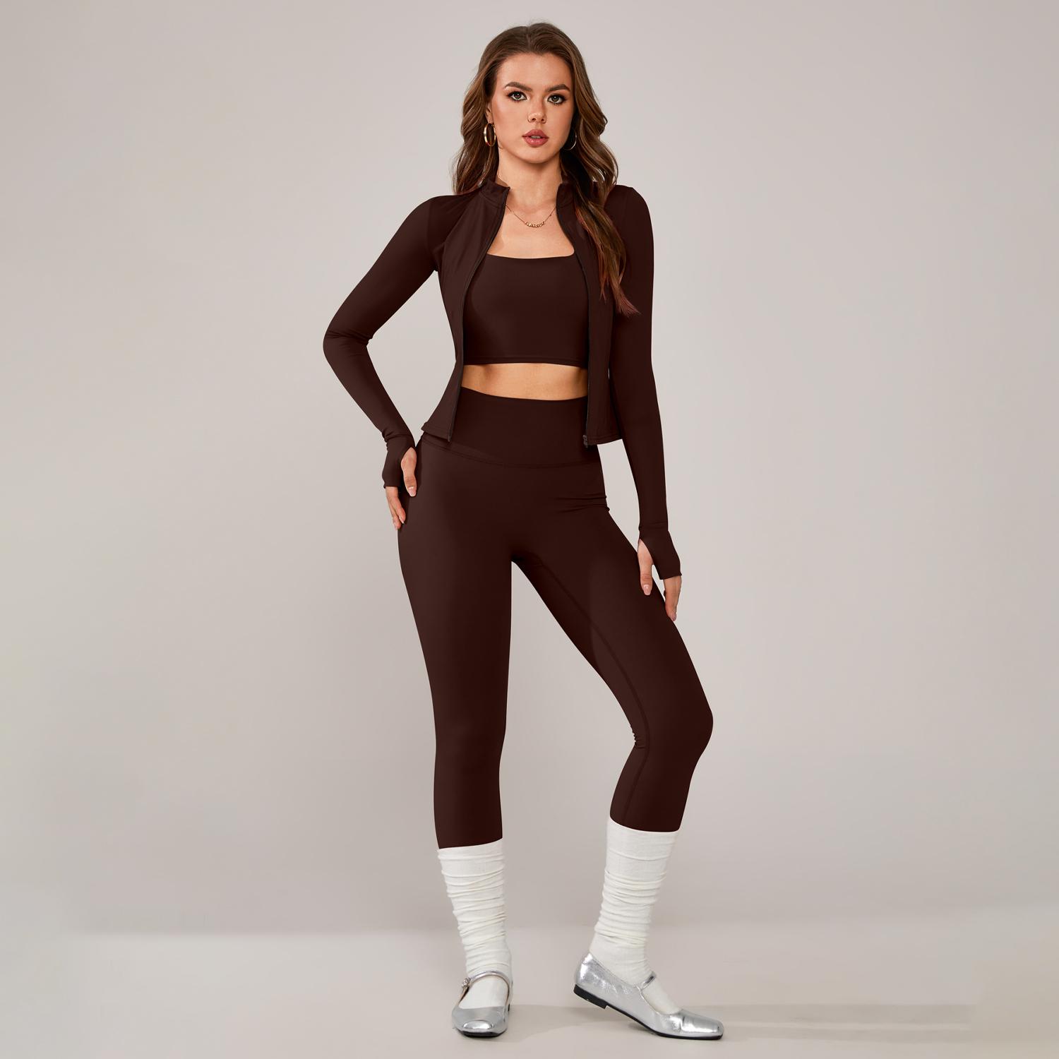 TimeOFF Women's 3-Piece Activewear Set with Stretchy, Body-Hugging Crop Top, Leggings & Jacket – Ideal for Yoga, Workouts & Athleisure Styles stylish