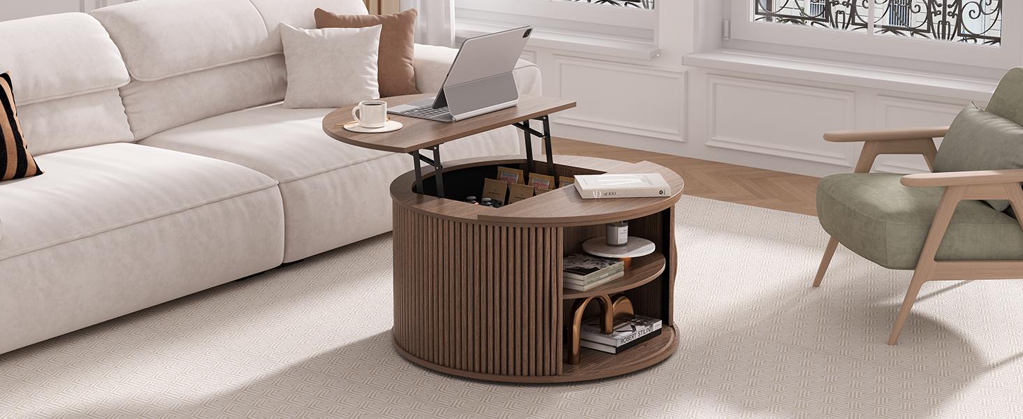 31.5" Round Lift Top Coffee Table, Mid Century Modern Walnut Center Table with Hidden Storage, Fluted Drum Wood Table for Small Living Room Apartment