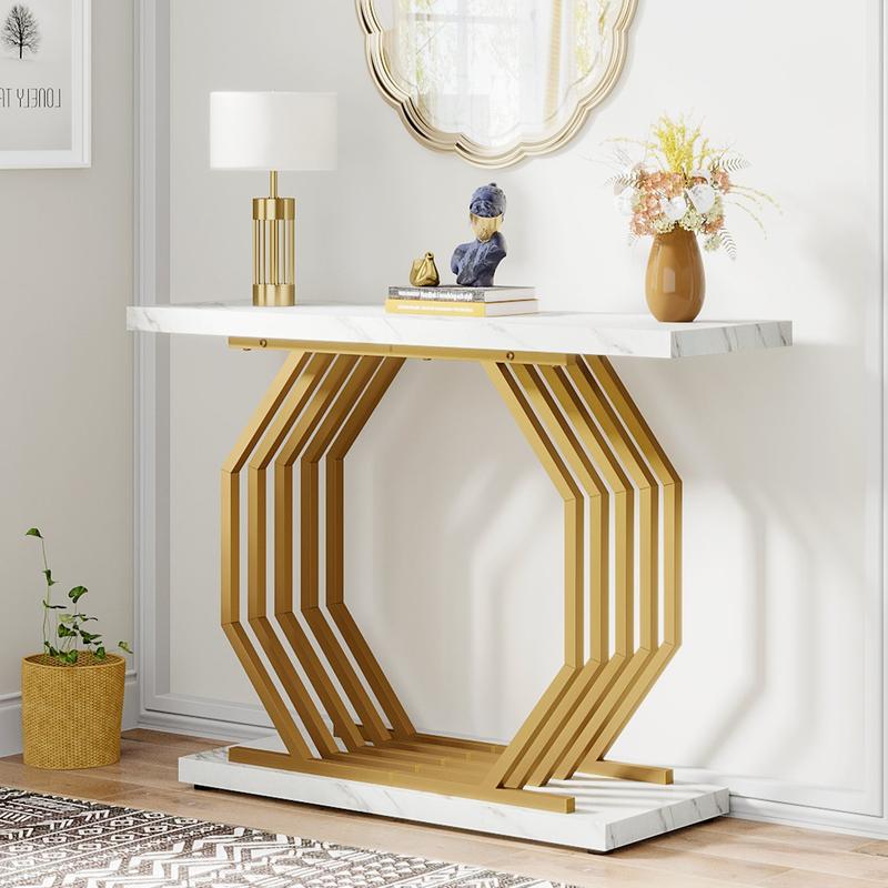 Spaco Gold Console Table, Faux Marble Entryway Table Narrow Sofa Table with Geometric Metal Base, 40 Inch Modern Accent Table Entrance Table for Living Room, Hallway, Foyer