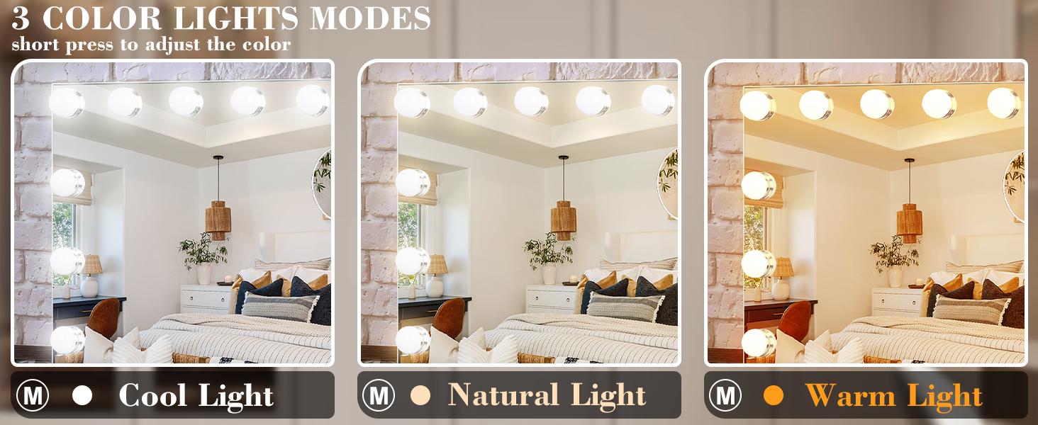 Hoodink Hollywood Vanity Mirror with Lights 15 Dimmable Bulbs 3 Color Lights Make Up Lighted Mirror Aluminum Metal Frame USB Charging Port 23 x 18 inch