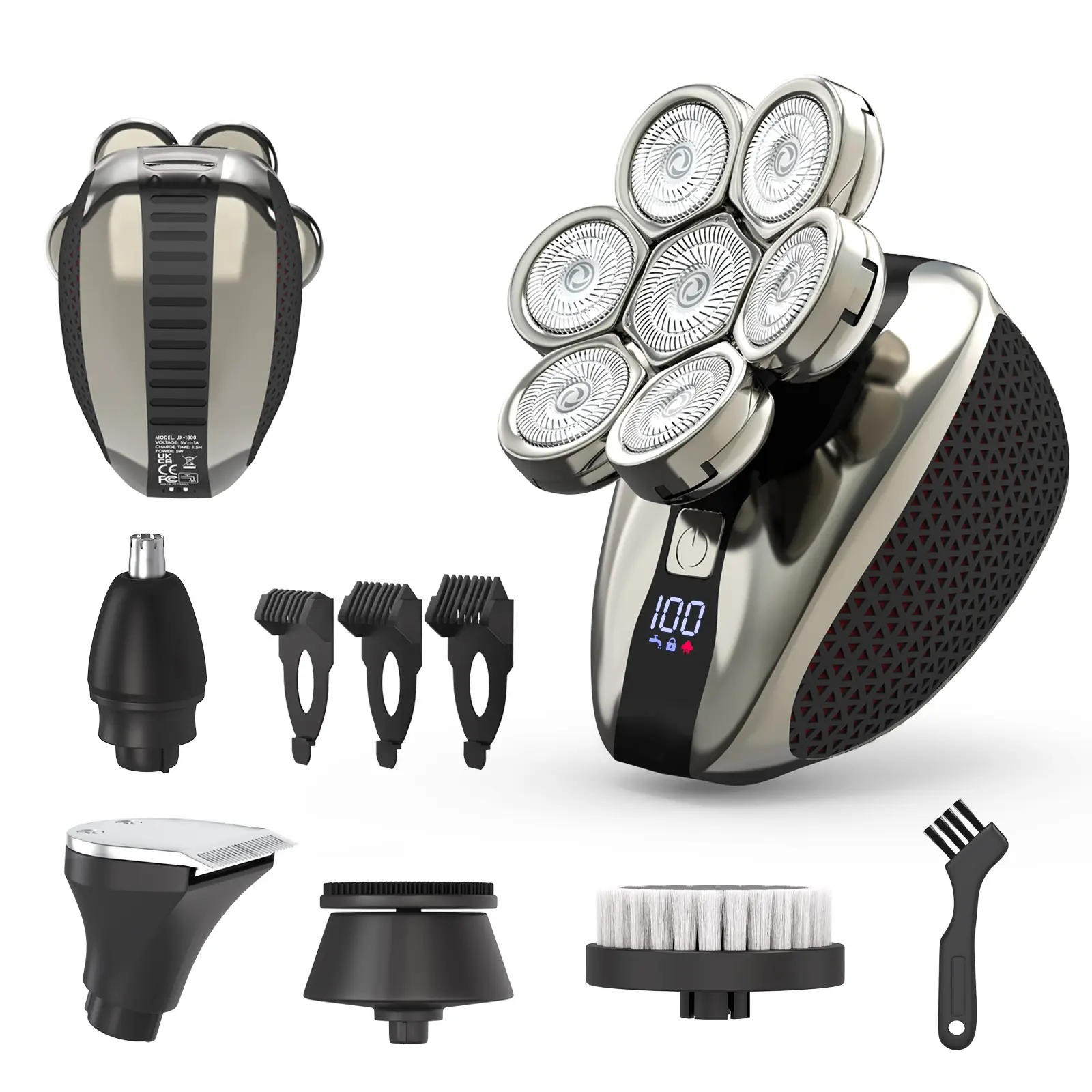 7D Electric Head Shaver for Bald Men - IPX7 Waterproof, 3.7V, LED Display, Detachable Magnetic Head, Type-C Fast Charging, Wet/Dry Shave, Body Cells Care, Attachment Included, Ideal for Home & Travel (Black), Head Shavers