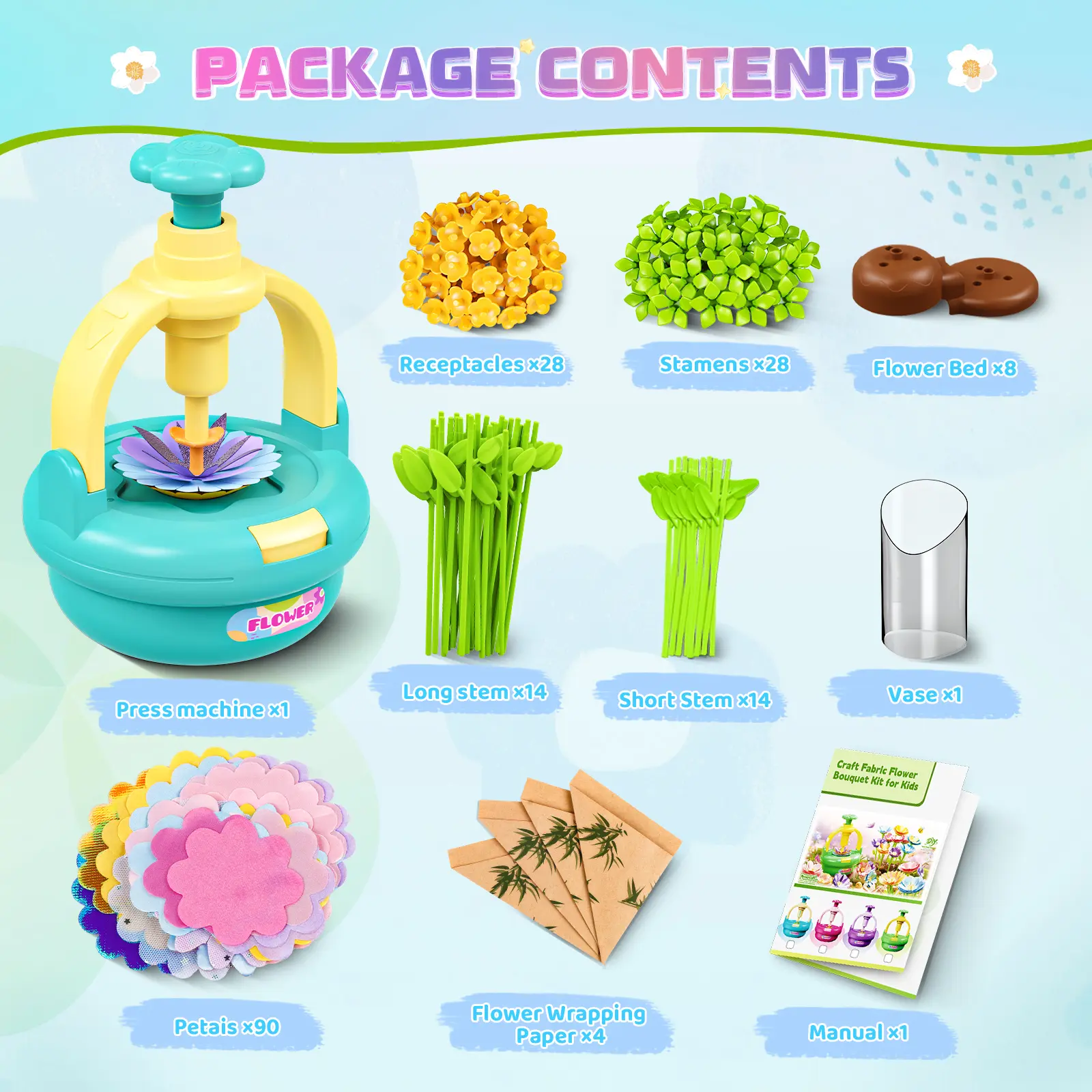 Children's Craft Kit (Ages 4-8), Flower Bouquet Toy, DIY Flower Market Toy, Make Your Own Bouquet, Educational Christmas/Birthday/Easter Gift for Girls Ages 3-9 - Blue Edition