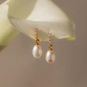 Diamond Pearl Droplet Earrings by Caitlyn Minimalist - Dangling Pearl & Diamond Stud Earrings - Statement Bridal Earrings - Vintage Wedding Jewelry - Gift for Her