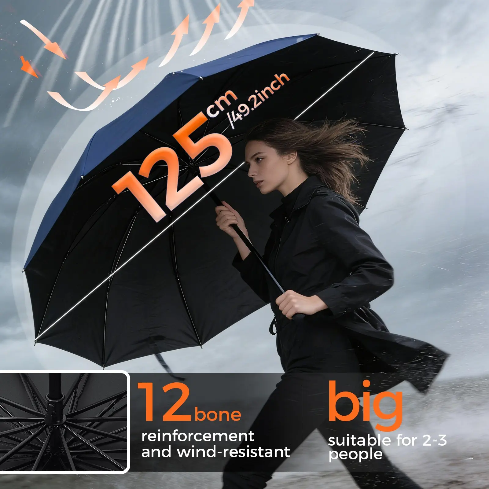 Large 12-Rib Windproof Folding Umbrella, Reinforced Steel Frame, 4 Colors Available, Manual Open and Close, Portable Rainproof Outdoor Umbrella for 2-3 People