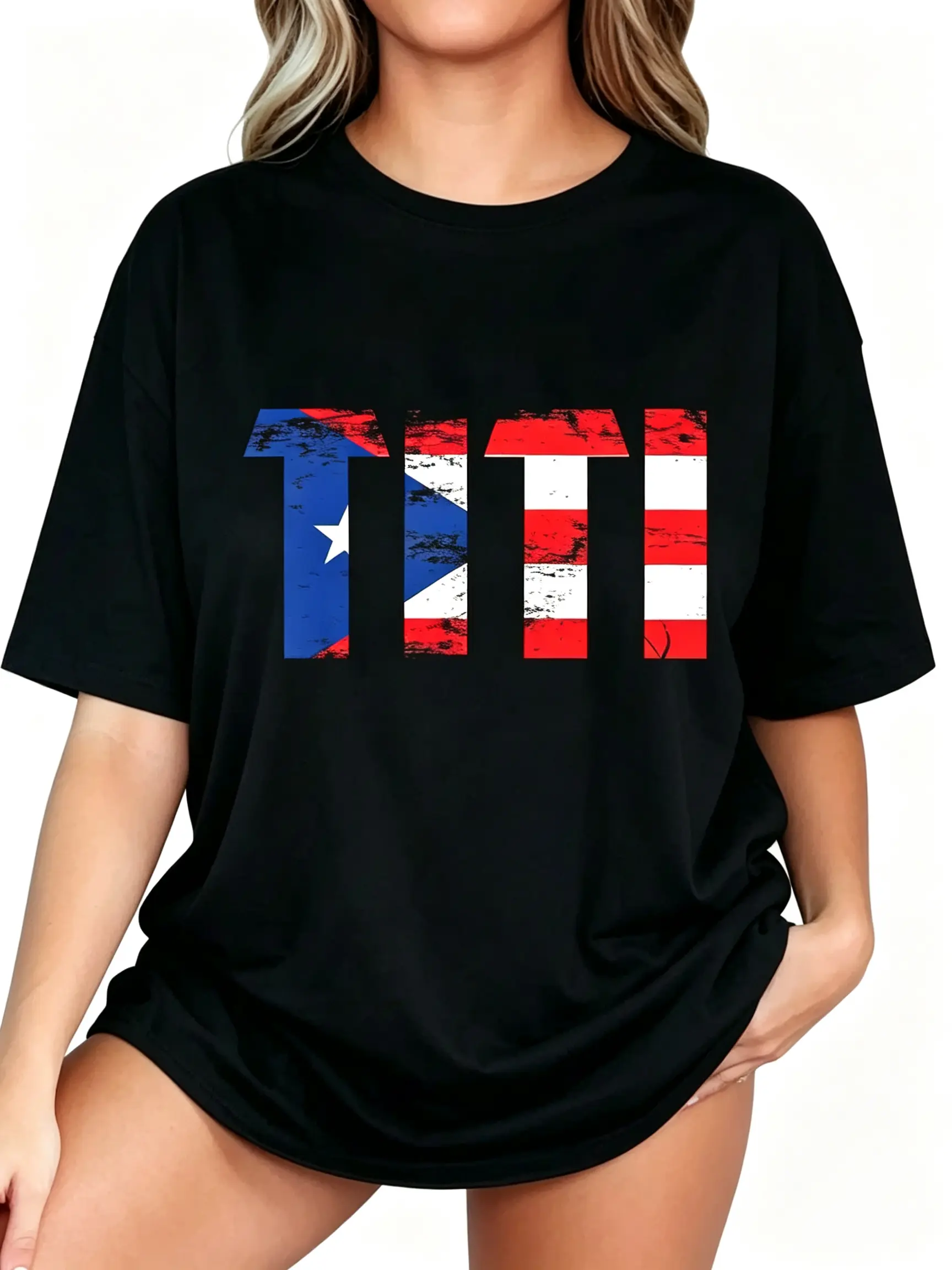 Women's Puerto Rico Flag Print T-Shirt - Fitted, Unisex Fit, Short Sleeves, Round Neck, Bold Graphic "TITI" Lettering, Printed Vintage Sport Top - Ideal for Mother's Day, Casual Attire