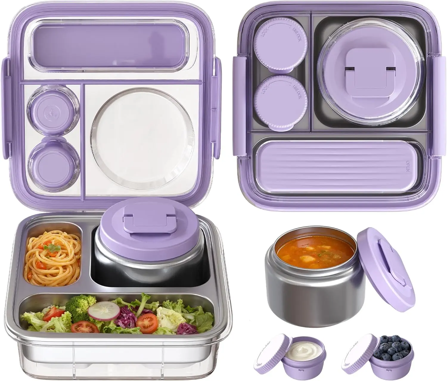 【Back To School】Durable Portable Modern Stainless Steel Bento Lunch Box with 8oz Vacuum Seal Silicone-Insulated Food Jar, Leakproof Tableware Container, Transparent Lid, Sauce Cup, Cutlery Storage, BPA-Free, Dishwasher-Safe for Kids’ School