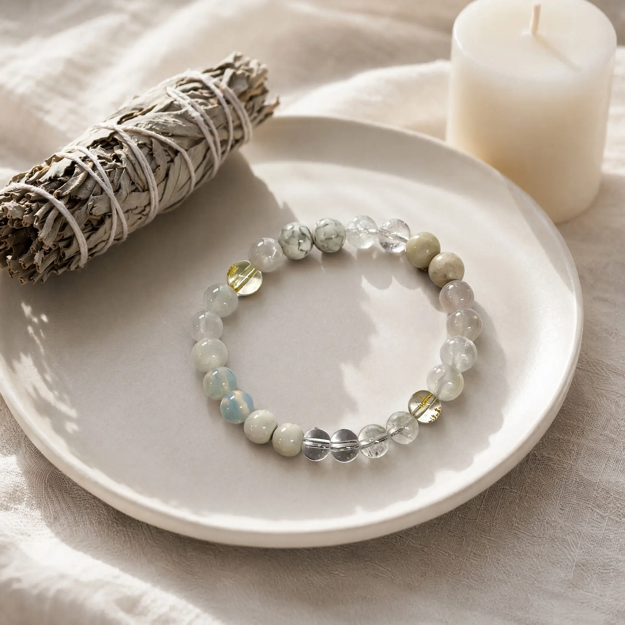 Unisex 8mm Natural Crystal Beads Stretch Bracelet with High-Elasticity Cord - White Jade, Opal, Quartz Metal Element Costume Jewelry for Adults' Everyday Wear, Studying, Business Work