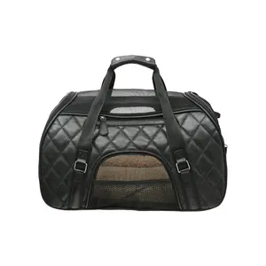 Leather New York Dog Bag - Luxurious Diamond Quilted Black Cow Leather Carrier with Removable Faux Sherpa Fur Bed & Ventilated Mesh Panels for Optimum Comfort