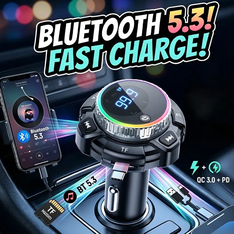 [Upgrade 5.3] Bluetooth FM Transmitter Car Charger, PD Fast Charging Dual USB Ports with Rotating Knob & RGB Ambient Light, Wireless Radio Adapter Car Accessories, Car Gadgets, Car Connectivity Adapter