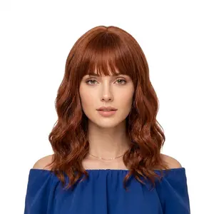 14-Inch Auburn Brown Wigs Curly Bob Wig with Bangs Short Wavy 【Free-part Lace】【Heat Resistant】【Cap Included】 AC HAIR