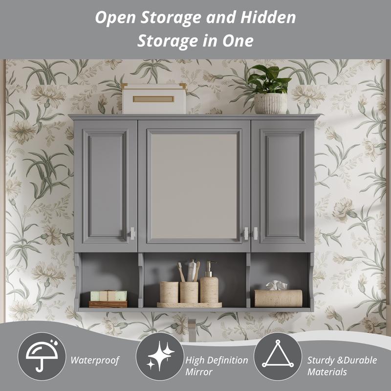 35'' x 28'' Wall Mounted Bathroom Medicine Cabinet, Modern Bathroom Wall Cabinet with Mirror, Mirror Cabinet with Open Shelves 35'' x 28'' Wall Mounted Bathroom Medicine Cabinet, Modern Bathroom Wall Cabinet with Mirror, Mirror Cabinet with Open Shelves
