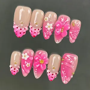 TK55 Pearl Pink Press on Nails | 100% 3D Handmade Acrylic | Almond Shape | Reusable& Long lasting Salon Quality | Elegant Daily & Daily Wear