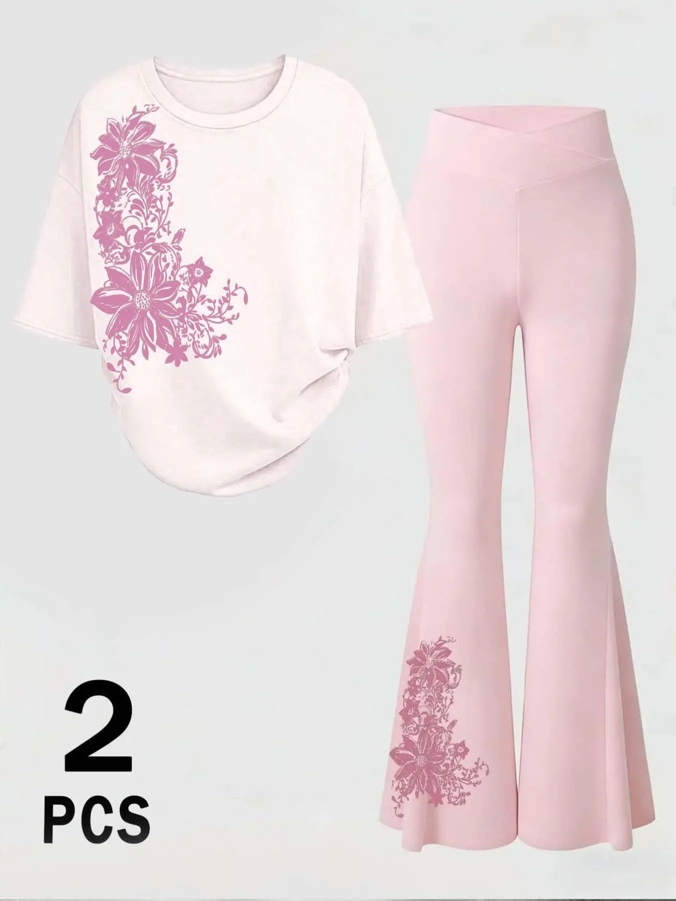 Y2K Floral Print 2-Piece Set, Oversized Tee & Flare Pants, Coquette Aesthetic, Slim-Fitting, Casual Streetwear, Daily Wear, Matching, Clothes, Lounge Pants Set, Top Pants Set
