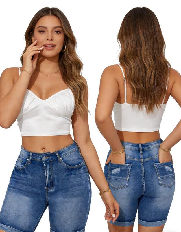 High Waist Ripped Denim Shorts for Women Stretch Skinny Knee Length Jeans Comfortable Fit Medium Wash Distressed Front Raw Roll Hemline Button Up Fly Closure Soft Stretch Cotton Blend