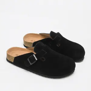 Flyshow Regular Wide Women Men Round Toe Cork Footbed Clogs with Adjustable Flat Buckle, Suede Texture, and Casual Outdoor Slip-On Design Walking Shoes Soft