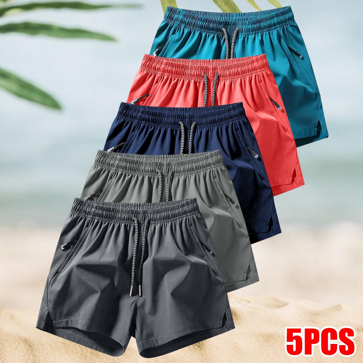 Men's 5-Pack Solid Color Quick-Dry Shorts, Casual Slightly Stretchy Elastic Waist Drawstring Shorts, Suitable for Summer Gym Workouts, Running, and Outdoor Activities, Comfortable and Adjustable SpringStatements