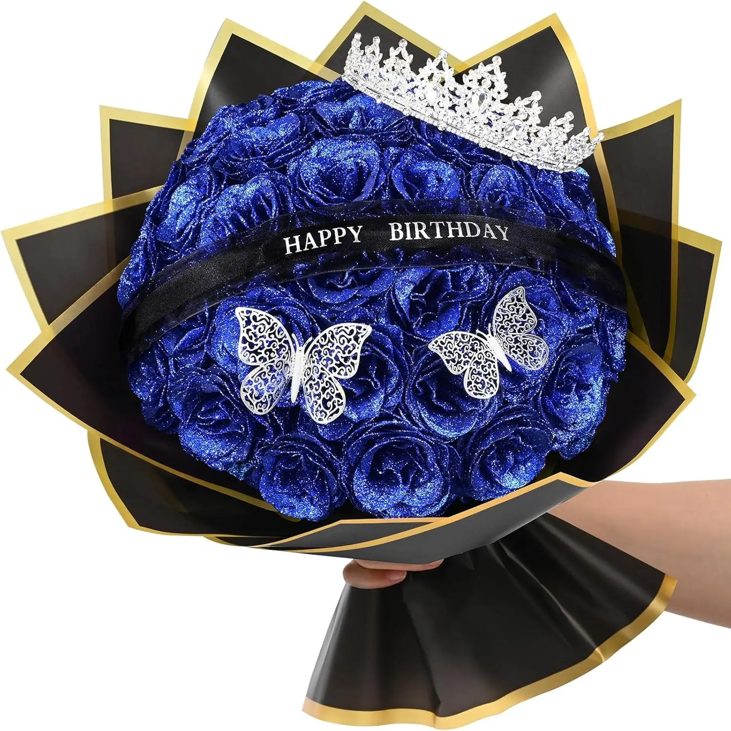 Glitter Roses Bouquet,Birthday Gifts for Women Mom,DIY   Bouquet with Birthday Stand-Up Signs,36 Blue Rose for Grandma Wife Friends