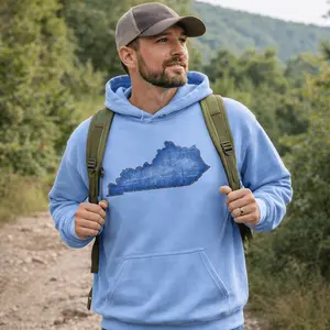 Original Kentucky Denim Patch Long Sleeve Hoodie - Golden Navy Bluegrass Style, Smooth Polyester-Spandex Yarn Fabric, Everyday Sweatshirt with Pocket