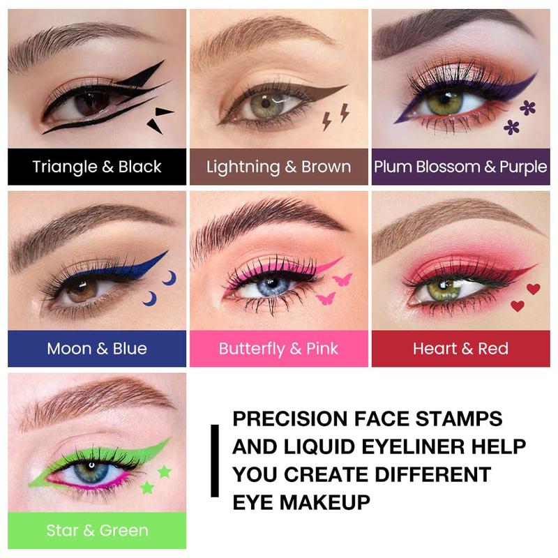 Valentines Day Gifts for Her/He  liquid Eye Liners Face Stamp Cosplay Gothic Makeup Set Kit for Beginners, Black Brown Purple Blue Red Pink Green Star Flowers Heart Moon Triangle Lightning Butterfly Stamps Eyeliner