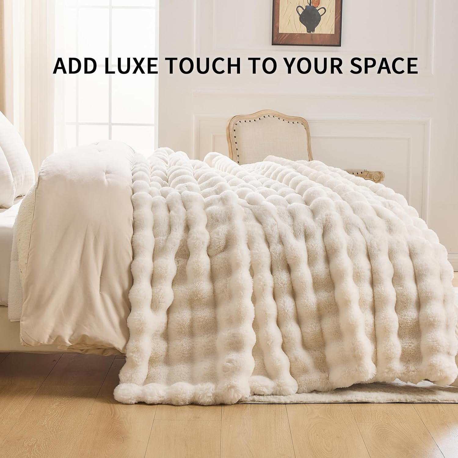 BePatio Soft Cozy Faux Rabbit Fur Blanket Queen, Fuzzy Plush Thick Bubble Blanket, Luxury Fluffy Blanket for Couch, Sofa, Bedroom, and Living Room,Throw Blanket,Gifts for Women