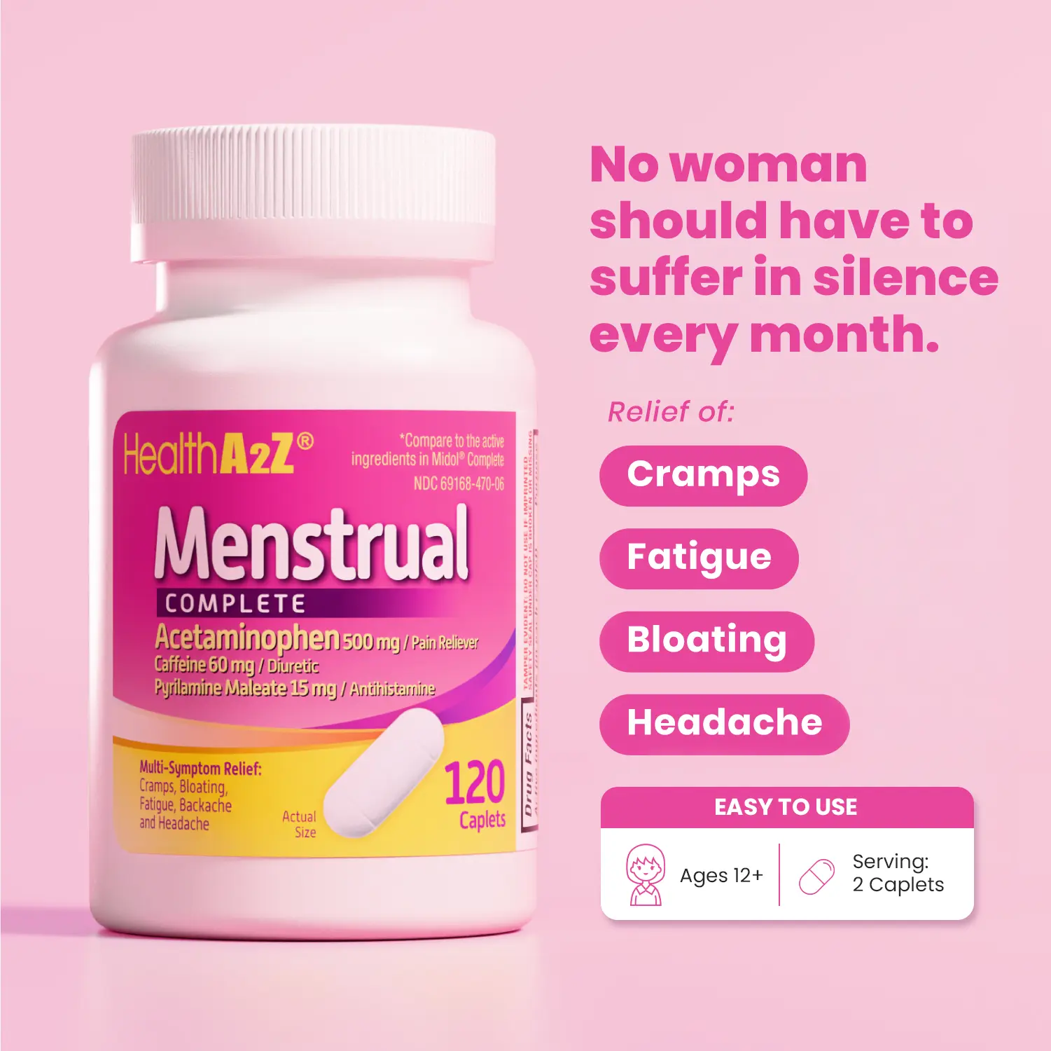 HealthA2Z Menstrual Complete Pain Relief Tablets with Pyrilamine Maleate, Relieves Menstrual Symptoms (Cramps, Bloating, Fatigue, Backache, Headache) & PMS Relief, Diuretic Healthcare for Ages 12+